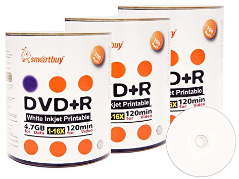 Smart Buy 300 Pack DVD+R 4.7gb 16x White Printable Inkjet Blank Media Record Disc, 300 Disc 300pk