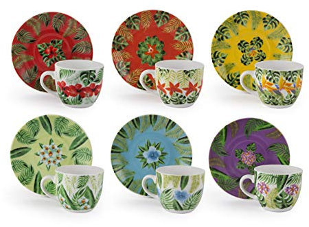 Excelsa 64274 Mandala Tropical Set aus 6 Espressotassen mit Untertasse, 90 cl, mehrfarbig, Porzellan