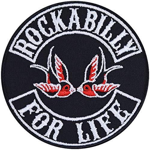 Parches ropa termoadhesivos: ROCKABILLY for life para motociclistas, coser/plancha. Regalo de aplicaciones para motocicletas Tamaño: 90x90 mm