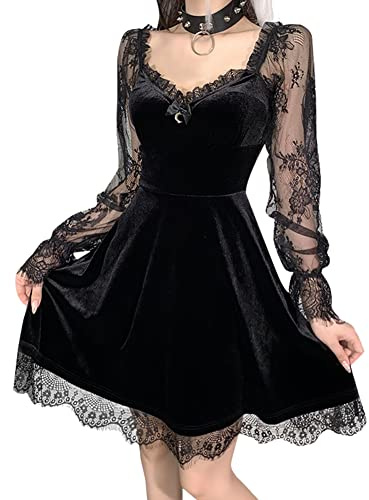 Odizli Vestido gótico para mujer, negro, sexy, de terciopelo, manga larga, encaje, vestido de fiesta, para mujer, Lolita, punk, línea A, mini vestido, Negro , L