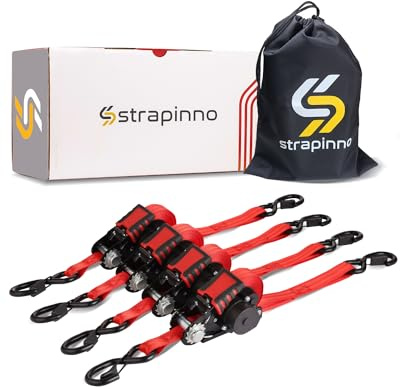 Strapinno Cinghie a cricchetto retrattili, 2,5 x 3,7 m, resistenti alla rottura, 816,5 kg, ganci a S con clip di sicurezza, autoretract, per spostamento, moto, barca, kayak e carico (4 pezzi)
