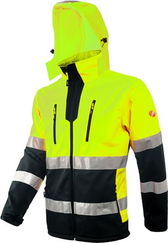 ACE Neon Chaqueta de alta visibilidad: resistente chaqueta softshell de advertencia con reflectores y capucha desmontable - EN ISO 20471 - Amarillo - XL