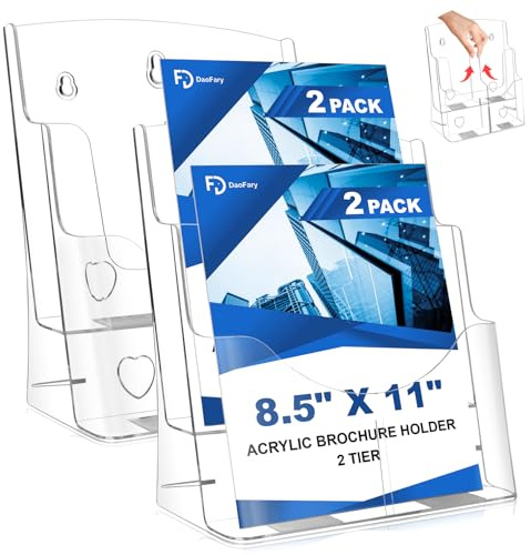 2 Pack Acrylic Brochure Holder 8.5 x 11, 2 Tier Brochure Display Stand with Removable Divider for 4 x 9 inches Trifold Pamphlets, acrylic flyer holder 8.5 x 11 Stands for Flyer, Pamphlet, Magazine