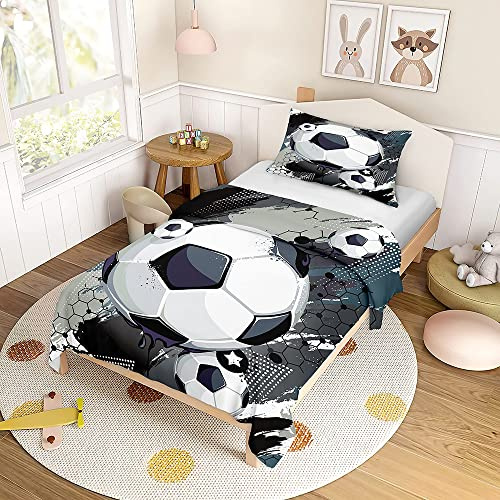 FANSU Kinder Bettwäsche Set fürJunge Fußball Bedrucktes Kinderbettwäsche 2 teilige Weich Mikrofaser Bettbezug mit Reißverschluss und Kissenbezug (135x200cm,Dunkelgrau)