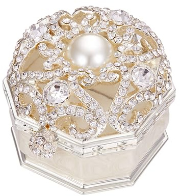 WANGJUJU Double Ring Box for Wedding Ceremony, Engagement Proposal, Vintage White Crystal Gift (2 Slot)
