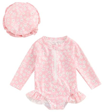 HodJIU Traje de baño para bebés, niñas, con protección UV, de una pieza, mangas largas, traje de baño, piscina + sombrero de sol, Flores rosas., 6 meses