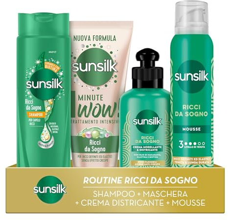 Sunsilk Kit Ricci da Sogno, con Shampoo 250ml, Maschera 1 Minute WOW 180ml, Crema Districante 200ml e Mousse 200ml, per Capelli Ricci Definiti ed Elastici a Lunga Tenuta, Anticrespo Capelli