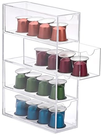 IGNPION 1 boîte de rangement en acrylique pour dosettes de café avec 4 tiroirs, support de capsules de café de cuisine transparent et support de sachet de thé avec couvercle, petit tiroir de rangement