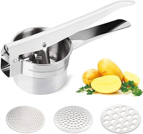 Roysmart Edelstahl Kartoffelstampfer, Kartoffelstampfer mit 3 Austauschbaren Sieben, Kartoffelpresse, Mehrzweck-Kartoffelpress für Kartoffelpüree Gemüsebrei Babynahrung, Entsaften