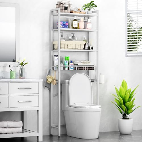Kalrin Estante de Baño Multifuncional Ajustable de 4 Niveles, Estante sobre el Inodoro con Cestas, Ahorra Espacio y Fácil de Montar - Blanco