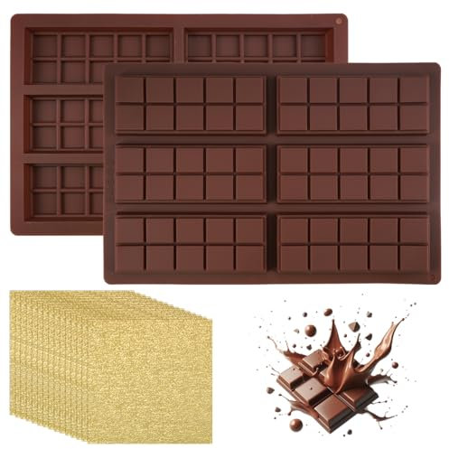 2 Pezzi Stampi in Silicone per Cioccolato, Senza BPA Stampo Cioccolato Tavoletta per 6 Tavolette Stampo per Torrone con 100 Involucri di Cioccolato per Fatti in Casa Praline, Caramelle, Cioccolato