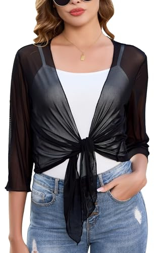Sopesil Women's Shrug Bolero 3/4 Sleeve Cardigans Short for Women Lightweight Tie Tops Suave Ladies Cropped Versatile Casual Elegant, Black, L