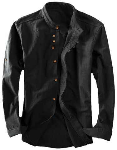 Faonkeew Herren Hemd Premium Soft Leinen Japan Stil Casual Langarm Stehkragen Hemdjacke Vintage Button Shirts Katana Skjorte Regular Fit Button Up Freizeithemd
