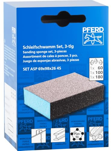 PFERD TOOLS Schleifschwamm-Set, 3-teilig | 69 x 98 x 26 mm A60, A100, A180 | 44698010 – für universelle Anwendung, 4-seitig