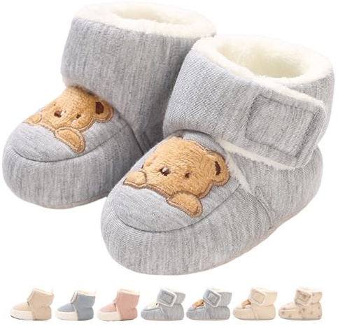 Stivaletti Neonata Neonato Pantofole Antiscivolo Termiche Fodera in Pile Babbucce Scarpe Invernali Morbido Cotone Scarpine Primi Passi Stivali da Neve Calzini Caldi Orso Bruno Grigio 0-6 Mesi