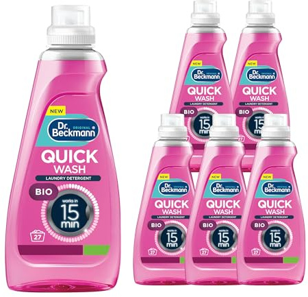 Dr. Beckmann Quick Wash, Bio, Deep clean laundry, Works in 15 mins, Powerful on stains, Plus Colour run protection, 7 days freshness, 810ml x 6, 162 Washes, 100% reusable bottle