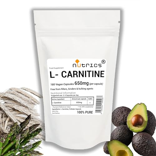 Nutrics® 650mg (per Capsule) L CARNITINE 180 V Capsules - 100% Pure No Fillers, Binders or Bulking Agents - Vegan Vegetarian (180 V Capsules)