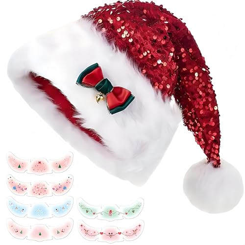 MOPQMKT Paillettes Bonnet de Noël, Bonnet de Noël pour Adulte Bonnets de Noel avec paillettes Chapeau Brillant Christmas en Fourrure Unisexe, pour Femme Homme Christmas Nouvel An Fournitures de Fête