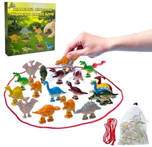 Magnetiskt Schackspel, Magnetiskt Schackbräde Spel med 20 Dinosaurie, med Snodd och Förvaringsväska, Magnetisk Strategispel, Portabelt Magnetisk Bordsspel för Familj och Resor