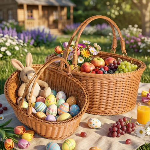 Lanpn Rattan Easter Basket 2 Pcs Handmade Woven Double Handle Brown Baskets Large and Medium Ideal for Children Families Egg Hunts Sweets Gifts Picnic Basket Spring Easter Home Décor