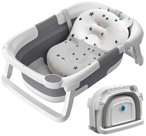 Baby Bath Tub Foldable,Collapsible Newborn Bathtub Essentials with Bath Support and Non Slip Bath Seat Cushion Stand Pad,Folding Infant Baths Tub Toddler 0-24 Months, Portable Travel Save Space(Grey)