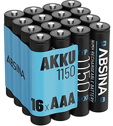ABSINA AAA Akku 1150 NiMH 16er Pack - Akku AAA Micro mit 1,2V & min. 1050 mAh - AAA Akkus wiederaufladbar für Geräte mit hohem Stromverbrauch - Batterien AAA wiederaufladbar ideal für DECT Telefon