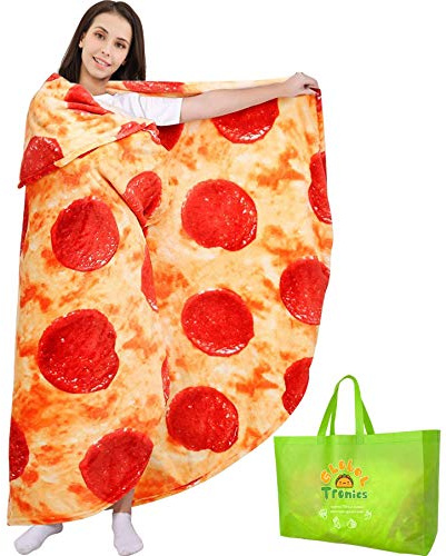 Pizza Decke 150cm Doppelseitig, Riesen Runde Neuheit Pepperoni Wohndecke Weiche Warme Flanell Kuscheldecken Realistische Essen Plüsch Handtücher Kreative Geschenke für Kinder Familie