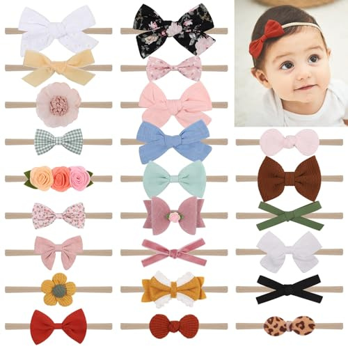 doboi Baby Girl Headbands 24PCS Nylon Linen Handmade Hairbands with Hair Bows and Accessories for Newborns, Infants, Toddlers, and Little Kids
