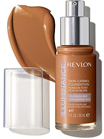Revlon Illuminance Skin-Caring Liquid Foundation, Hyaluronic Acid, Hydrating and Nourishing Formula with Medium Coverage, 417 Warm Caramel, 1 fl oz