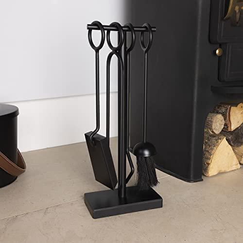CHARLES BENTLEY Companion Set, Snug, Conifer, Fireside Companion Set, Tongs, Poker, Coal, Shovel, Natural, Coco, Fiber Brush, Iron Tool Stand, Traditional Design, Hooped Handles, 4pc (42x16.5x9cm)