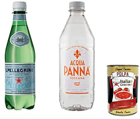 San Pellegrino Sprudelwasser in der Flasche, 24 x 500 ml + Acqua Panna Still Natural Mineral Water 24x500ml + Italian Gourmet Polpa