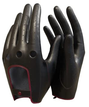 MGGMOKAY Damen Leder Autohandschuhe Lederhandschuhe Ungefüttert,BlackRed,L