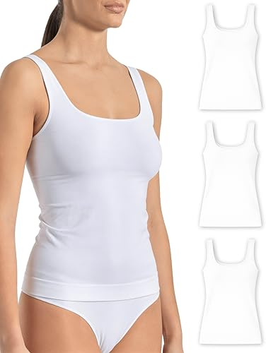 Risalti Camiseta de tirantes de mujer de microfibra, hombros anchos, 3 unidades, camiseta de tirantes para mujer, elegante, Blanco-Blanco-Blanco, S-M