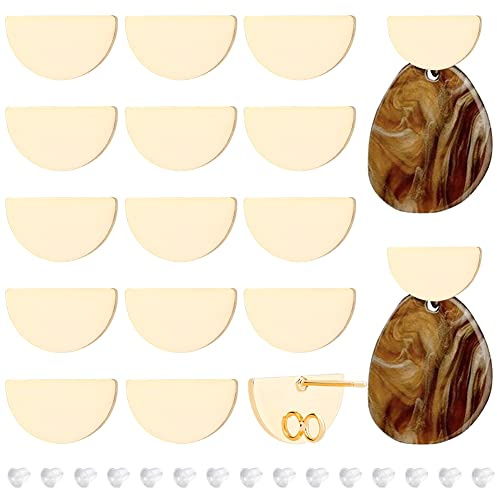 BENECREAT 20pcs Clous D'Oreilles Plaqués Or 18K, Clous D'Oreille Plats Demi-Ronds en Laiton de 9x16 mm pour la Fabrication de Bijoux de Boucle D'Oreille Bricolage, Trou: 2.5mm