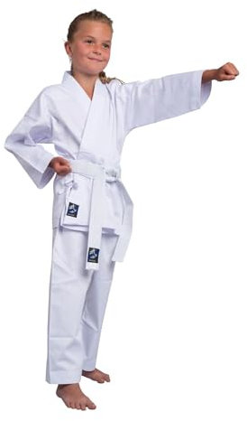 TEKKA BUDO Karateanzug Basix weiß 7.5 oz - Karate Gi Set - Jacke. Hose. Gürtel - Einsteiger Anzug - Größe 160