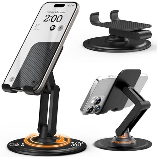 COOPER Support 360° - Support de téléphone Ajustable pour Bureau | Support Mobile Rotatif 360°, Multi-Angle, Base métallique, Pliable, Portable | Support de téléphone de Bureau (Noir Piano)