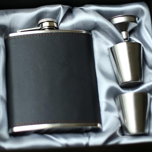 Eiarrnp Set fiaschetta con imbuto e 2 bicchieri da vino, capacità 200 ml, per whisky, vino, liquori e liquori, fiaschetta per uomo, padre, nonno, fidanzato e testimone, confezione regalo nera