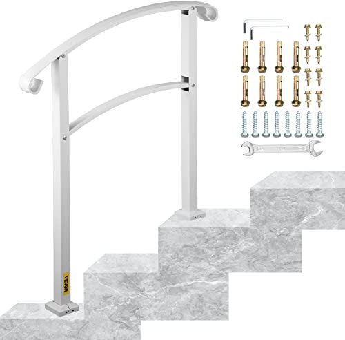 VEVOR 3-Step Handrails for Outdoor Steps Fits 1 or 3 Steps Matte White Stair Rail Wrought Iron Handrail with Installation Kit Hand Rails for Outdoor Step