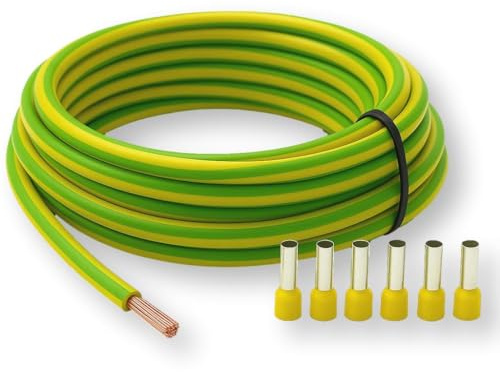 CusoTec Câble de terre 6 mm² vert/jaune avec 6 embouts H07V-K, câble de terre flexible, fils fins (5-30 m) (20 mètres)