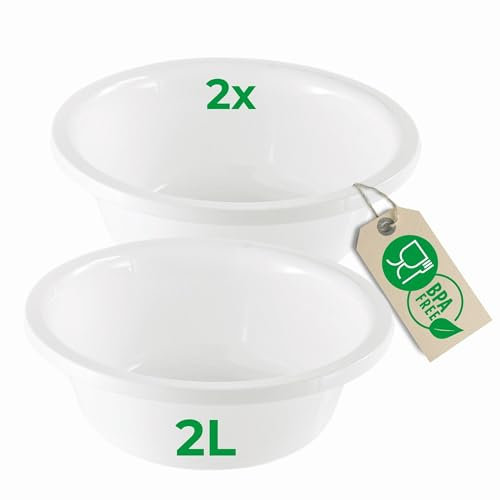 Novaliv 2x Spülschüssel Rund 2L, D24 cm, Weiß, BPA-frei Spülmaschinenfest Ideal für Küche und Camping, kleine Rundschüssel, Plastikschüssel klein, Waschschüssel klein, Plastic bowl