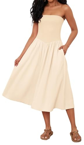 Livtany Abito Midi da Donna con Spalle Scoperte Senza Spalline Senza Maniche Drop-Waist A Line Abito alla Moda Estivo Swing Patchwork Dress, Beige, S