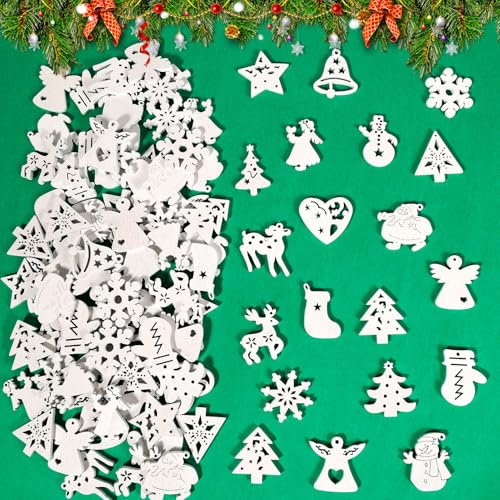 HOWAF 100pz Mini Decorazioni Natalizie in Legno, Albero di Natale Ornamenti Babbo Natale, Fiocchi di Neve per Albero di Natale, Decori Albero di Natale da Appendere, Decorazioni Natalizie per Albero