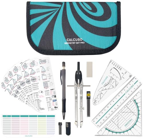CALCUSO GEOMETRIE SET PRO in türkiser Federmappe/Federmäppchen mit Zirkel und Geodreieck - Praktisches Mäppchen für Schule, Uni, Büro und Zeichnungen - Ideal als Geometrie-Set für die Schule