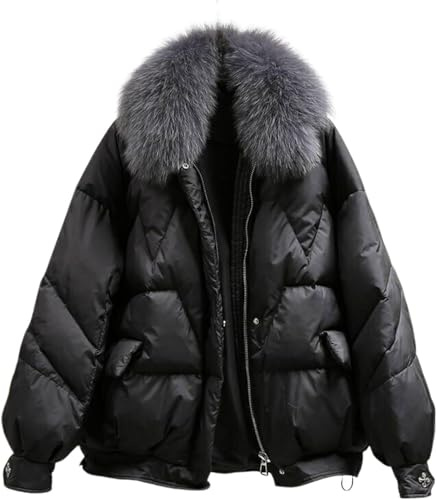 Veste d'hiver Coupe-Vent et Neige pour Femme Parka Chaude et épaisse en Duvet Manteau de Ski à Fermeture éclair Veste Ample et Brillante avec col pour Cheveux (Noir 2,M)