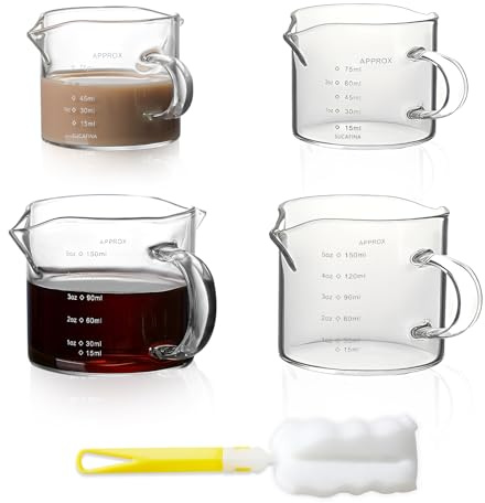Watunid 4 stycken espressomuggar med rengöringsborste, 75/150 ml mätbägare glas med dubbel pip och dubbelskala, espressoglas med handtag, espressomabägare för kaffe, mjölk, vin, vätska