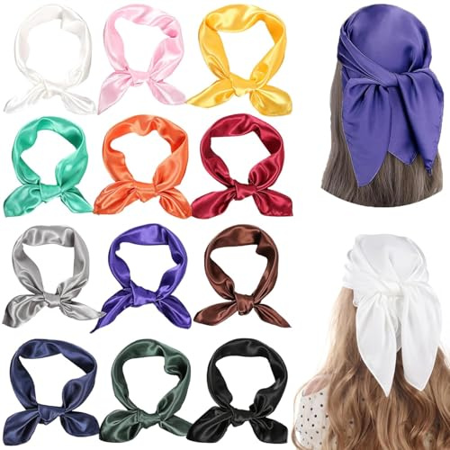 Kemrosdy 12 Pieces 23.6inch Satin Square Neck Scarf Silk Like Neck Scarf Hair Sleeping Wraps Neckerchief Head Wraps Bandana for Women Girls