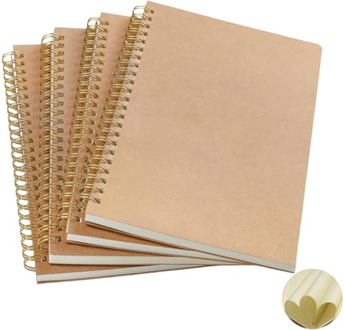 Heyumybit 4 Pezzi Blocco Note A5,Quaderno Spirale,100 Pagine/50 Fogli Carta Kraft Quaderno Schizzi Pagine Perfetto,Taccuino con Rilegatura a Spirale per Scuola Viaggio Ufficio