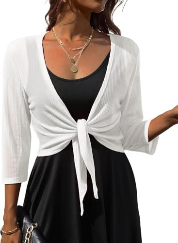 PrinStory Shrugs For Women V Neck Casual Lightweight Tie Front Shrugs 3/4 Sleeve Soft Top