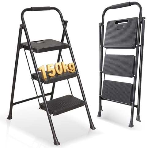 OUTIGO Scala a pioli pieghevole a 3 gradini, piccola scala con impugnatura in gomma, design antiscivolo, realizzata in lega di acciaio di alta qualità, capacità di carico fino a 150 kg, scala portati