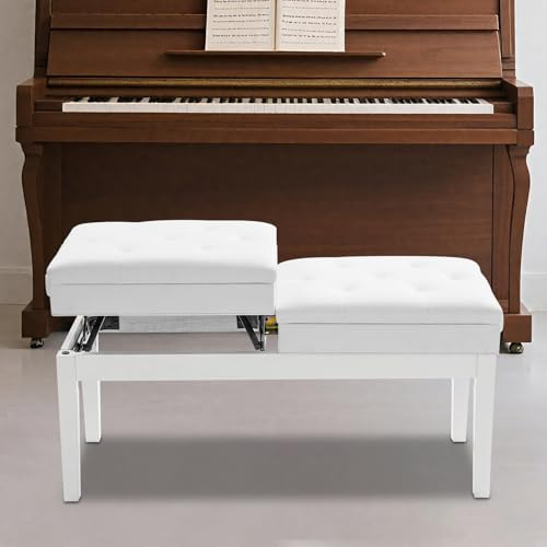 OMGGYER Pianopall justerbar höjd stor pianobänk för 2 personer, trä duett pianopanostol med lagringsutrymme och PU läderkudde, kan belastas upp till 200 kg